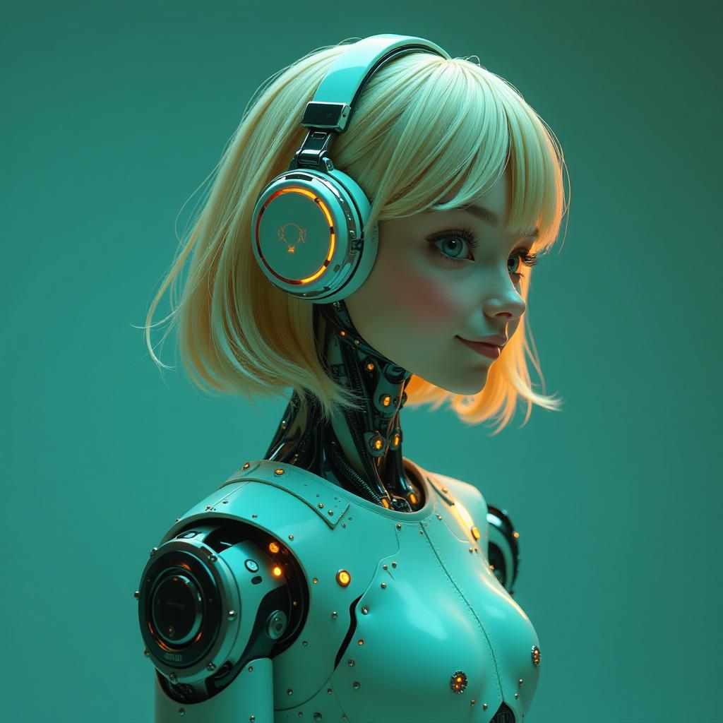  a stylish and modern silhouette of a girl robot with bobbed blonde hair and a smiling face to convey friendliness and approachability. include elements like headphones or a microphone to show that the bot is listening to customers. for the color palette, choose bright and appealing colors such as blue for a technological feel and green for associations with growth and dynamism. add accents of orange and yellow to attract attention. hyperrealistic, full body, detailed clothing, highly detailed, cinematic lighting, stunningly beautiful, intricate, sharp focus, f/1. 8, 85mm, (centered image composition), (professionally color graded), ((bright soft diffused light)), volumetric fog, trending on instagram, trending on tumblr, HDR 4K, 8K