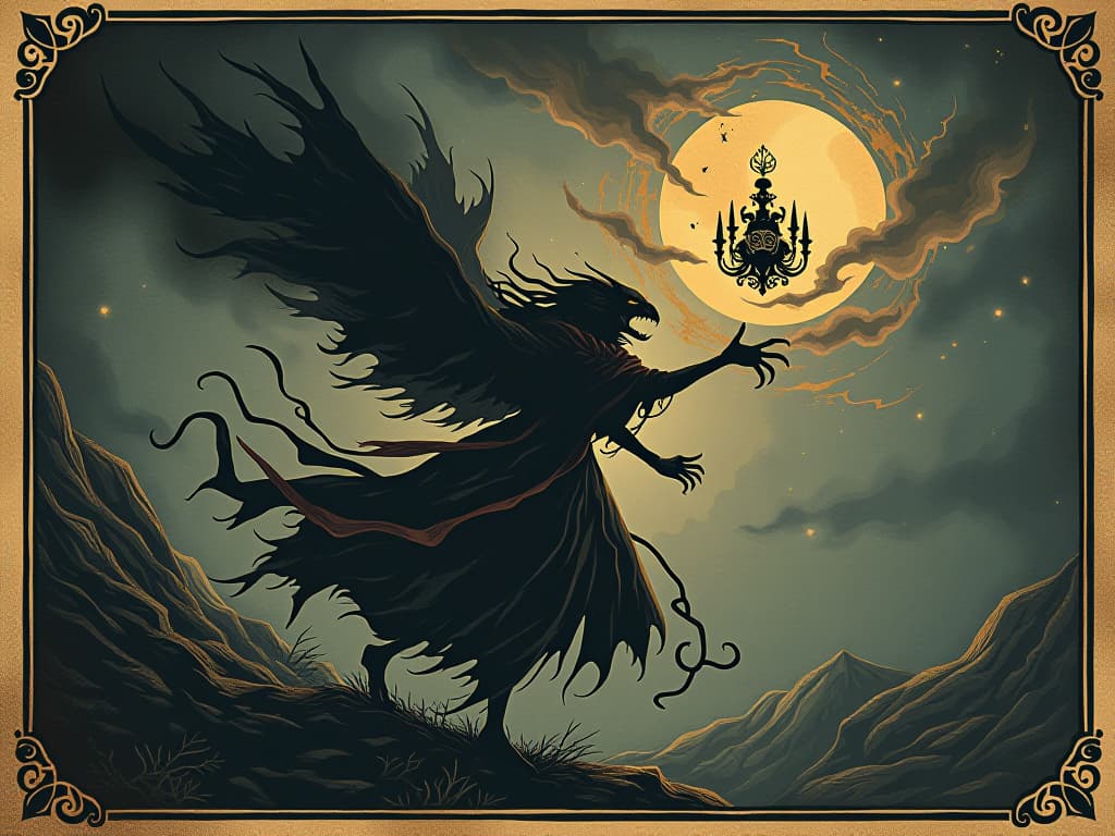  venomous winds swirling, carrying subtle whispers, dark energy filling the air, tension and unease, invisible malice. an illustration in the style of a worn, mystical old tarot trump card, mysterious and elements of surrealism. the colors are muted, somber and eerie, but with contrast bring out an occult and esoteric vibe.