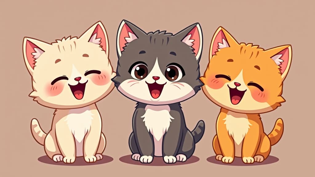  three cute cartoon kittens with different coat colors, showing a naughty and lively atmosphere.