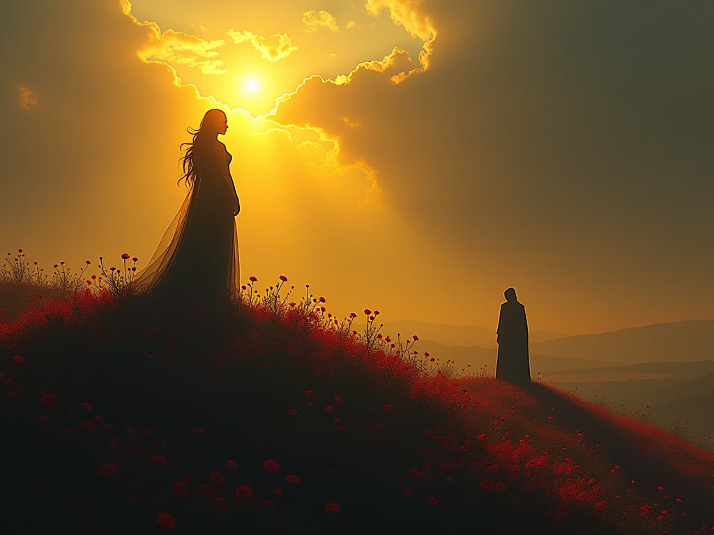  a radiant figure, basking in golden sunlight, standing atop a hill covered in flowers. in the distance, a shadowy figure, cloaked in darkness, watches with a mixture of envy and regret, the golden light casting long shadows over the land.. the style is dark fantasy and mysterious occult, symbolic, moody lighting, esoteric vibe,high detail on character design. for the color scheme emphasize blacks and reds.