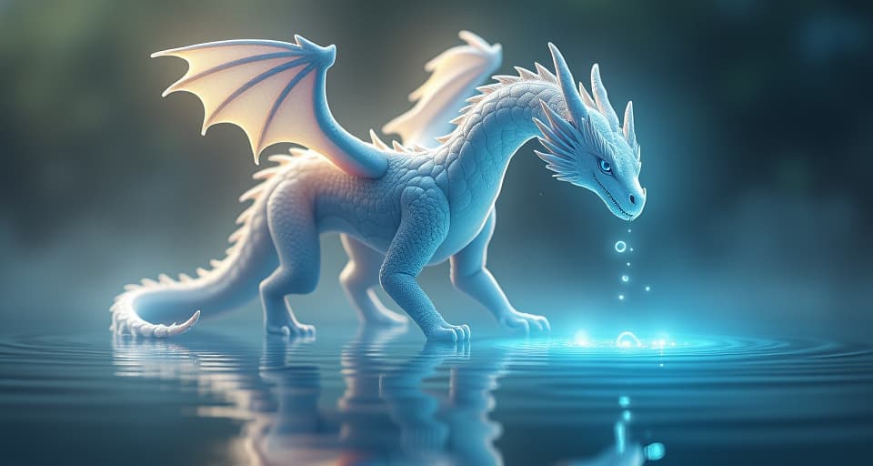  an ethereal dragon shedding radiant scales into a luminescent pool. each scale dissolves the surrounding mist, signifying the unraveling of confusion, luminous simplicity.. the style is digital art illustration,highly detailed, whimsical,magical, dreamlike atmosphere, realism and fantasy blend, smooth, glossy textures,luminous quality, wonder and enchantment.