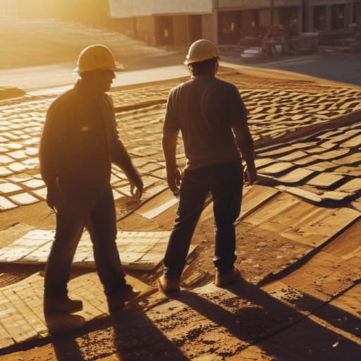 A photo of a group of workers unloading a truck full of shingles under the mid-afternoon sun on a bustling rooftop of a construction site, with a golden warm light casting long shadows and highlighting the textures and patterns of the materials.