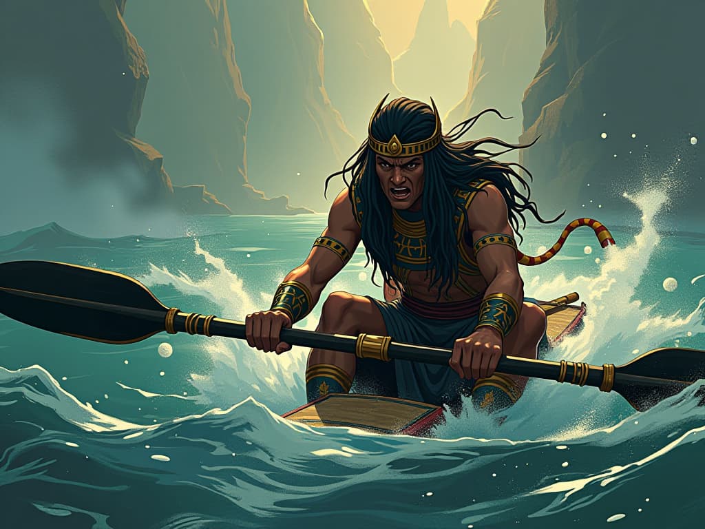  a person rowing upstream, struggling against a strong current, exhausted expression, atmosphere of resistance and futility. the style is digital art illustration / modern comic book / mysterious occult, symbolic, esoteric vibe,high detail on character design, incorporating ancient egyptian symbology and attire.