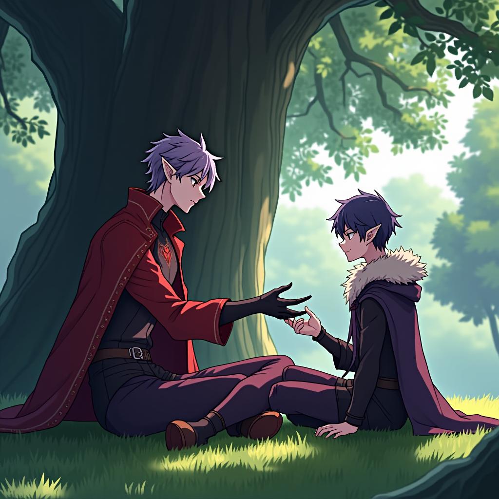  anime artwork both brothers are sitting on the grass near a large oak tree, ringo is teaching iris magic, demonstrating his magical abilities, and iris is trying to repeat them. a young dark elf warlock named ringo graera wears tight fitting gloves black leather gloves that cover only his palms. the appearance of the dark elf warlock ringo: dark elf is a young dark elf with marble white skin, purple hair with a scarlet tint, pointed tips of ears, lavender eyes with a red tint, dressed in a red purple shirt with red gold embroidery on the shirt, this is over the shirt he wears a dark shirt in the shape of a stem, a scarlet half coat with a fur collar and a hairstyle in the style of disheveled hair. an earring in the right ear in the shape o hyperrealistic, full body, detailed clothing, highly detailed, cinematic lighting, stunningly beautiful, intricate, sharp focus, f/1. 8, 85mm, (centered image composition), (professionally color graded), ((bright soft diffused light)), volumetric fog, trending on instagram, trending on tumblr, HDR 4K, 8K