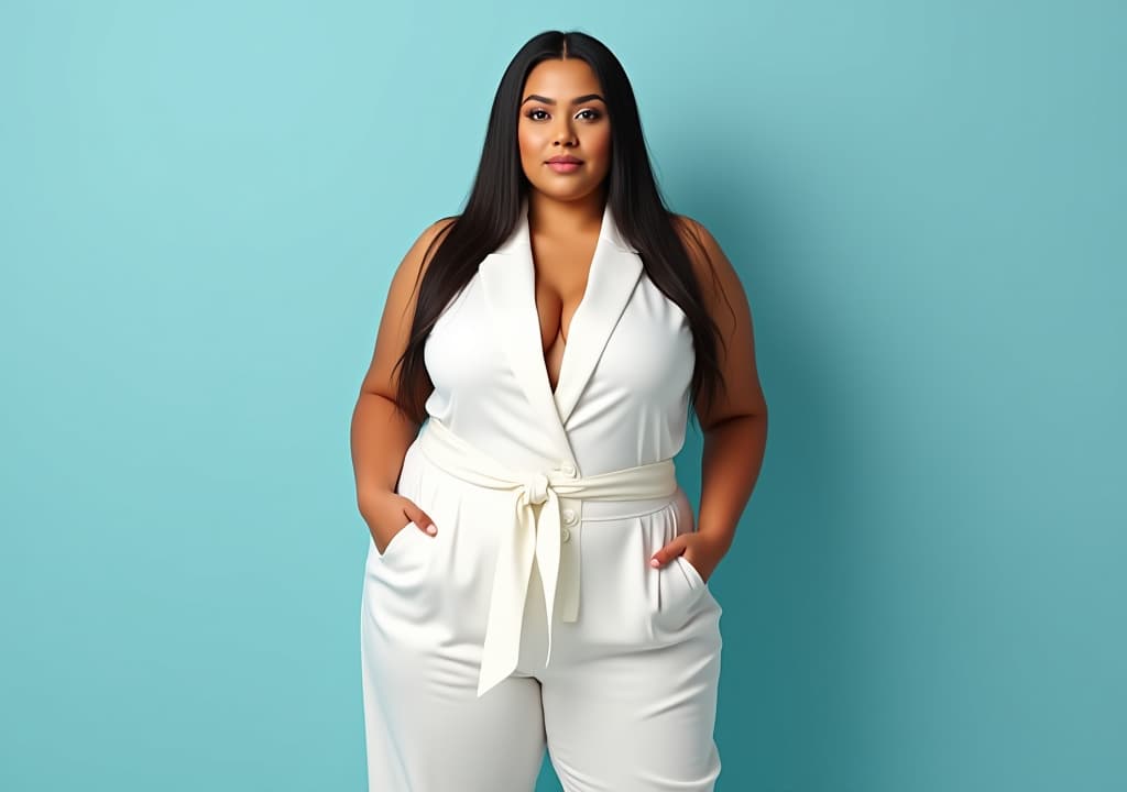  a beautiful plus size woman with fair skin and long, straight hair wears a chic white outfit, standing against a pale blue background with gentle shadows