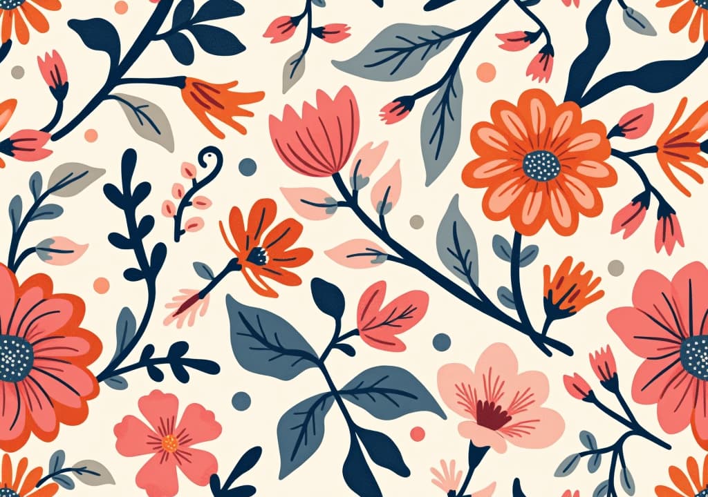  a vibrant floral pattern with stylized flowers, leaves, and vines in shades of pink, orange, blue, and gray.