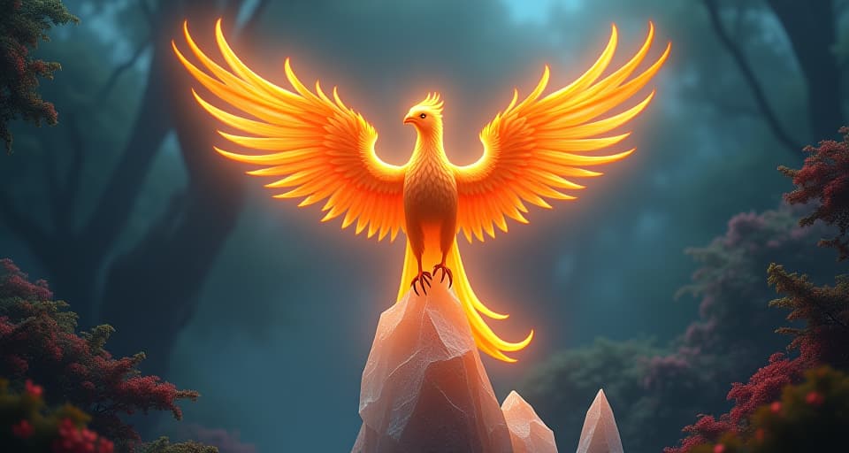  a radiant phoenix perched on a crystal peak in an illuminated garden. its fiery feathers glow brightly, casting light and understanding to the once darkened surroundings, transformative clarity.. the style is digital art illustration,highly detailed, whimsical,magical, dreamlike atmosphere, realism and fantasy blend, smooth, glossy textures,luminous quality, wonder and enchantment.