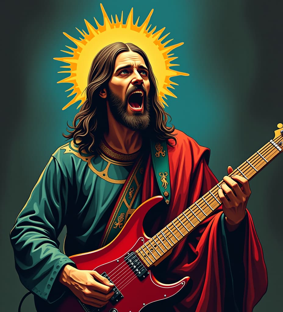  portrait of jesus christ saint as an anarchic punk metalhead playing guitar screaming