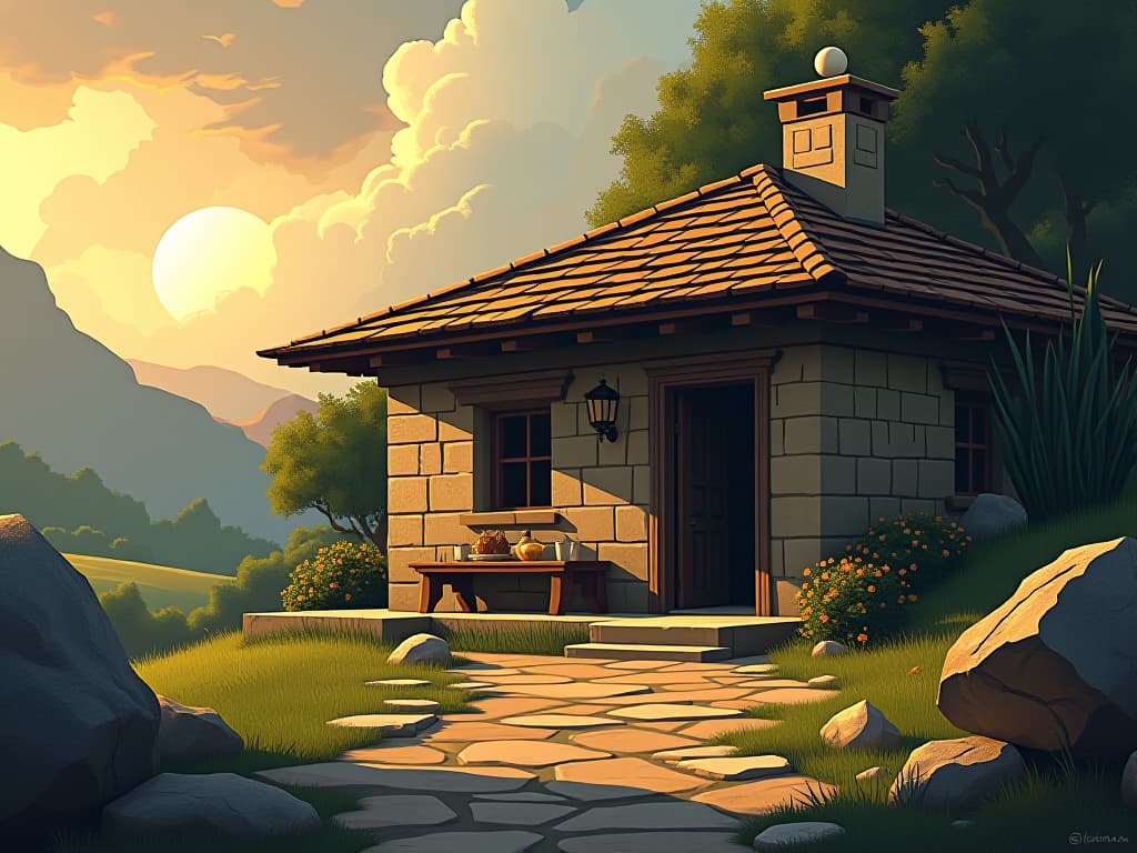  humble ancient greek cottage, stone walls, wooden roof, nestled in lush landscape, soft golden light suggesting divine presence, atmosphere of humble hospitality. the style is digital art illustration / modern comic book / mysterious occult, symbolic, esoteric vibe,high detail on character design, incorporating ancient egyptian symbology and attire.