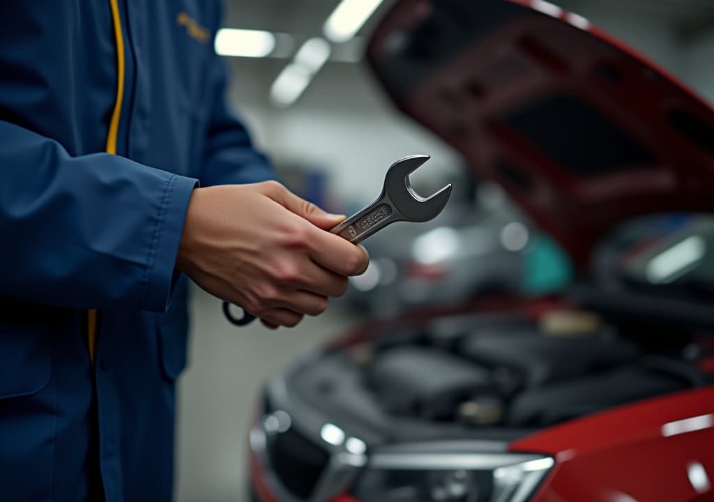  mechanic is holding wrench in the hand, repair service at car workshop garage