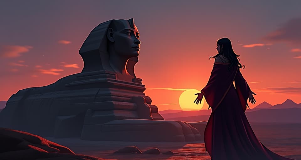  sphinx staring solemnly in the twilight, shadows enveloping the ground, large busted sorceress in tight robes casting a spell beneath, an atmosphere of realization and shock. the style is digital art illustration / modern comic book / mysterious occult, symbolic, esoteric vibe,high detail on character design, incorporating ancient egyptian symbology and attire.