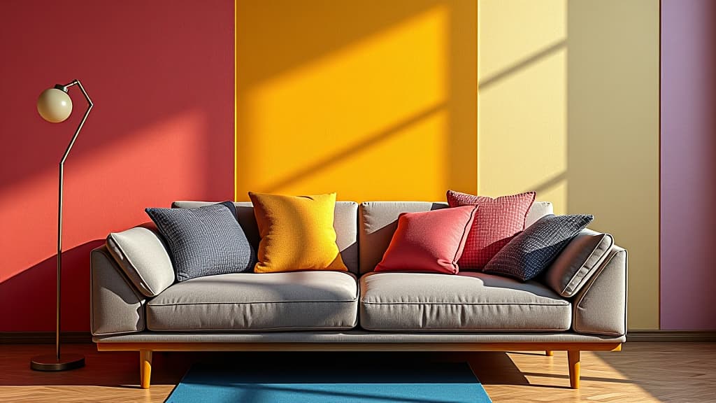  a colorful couch is sitting in front of a colorful wall