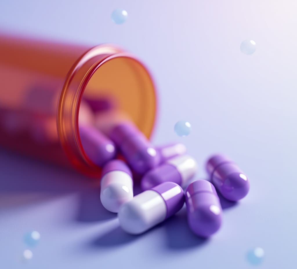  purple and white pill capsules from an open pill bottle, with soft blue and pink bubbles in the air