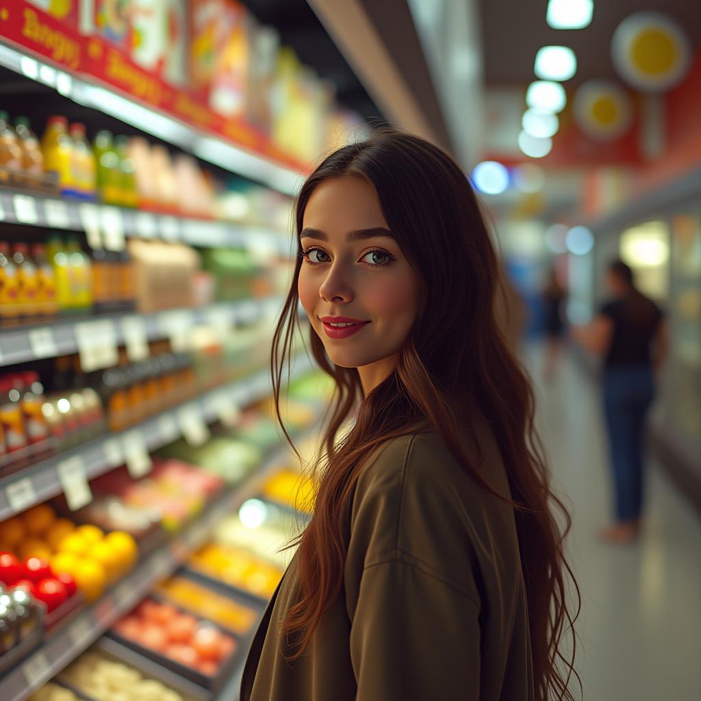  a brunette girl is standing near a food store.