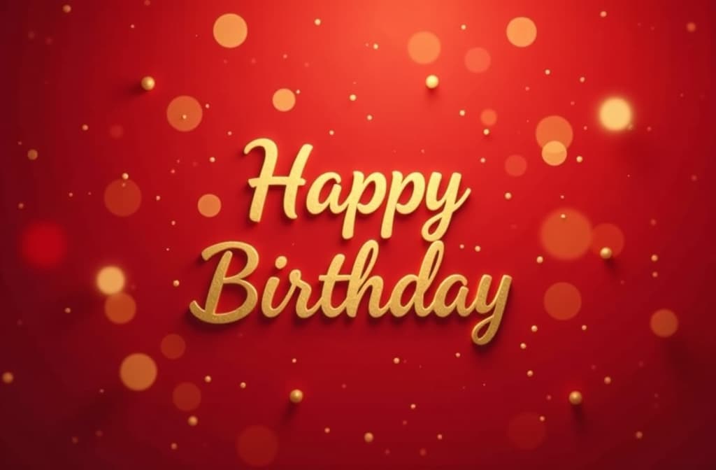  professional detailed photography, blurred golden bokeh on red background with happy birthday text ar 3:2, (muted colors, dim colors, soothing tones), (vsco:0.3)