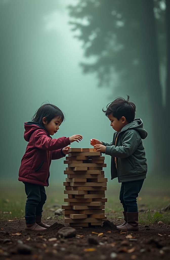  niños jugando jenga hyperrealistic, full body, detailed clothing, highly detailed, cinematic lighting, stunningly beautiful, intricate, sharp focus, f/1. 8, 85mm, (centered image composition), (professionally color graded), ((bright soft diffused light)), volumetric fog, trending on instagram, trending on tumblr, HDR 4K, 8K