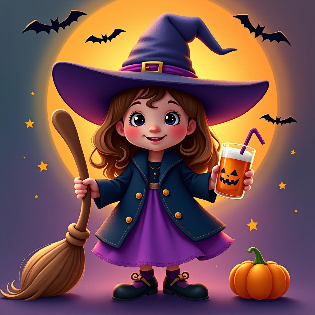  create a digital painting featuring a cute witch character. the witch should be wearing a hat. in one hand, the witch should hold a broomstick, and in the other hand, a halloween themed drink. the background should be colorful and include small black bats, pumpkins and stars to add a playful halloween touch. the overall style should be cute, whimsical, and colorful hyperrealistic, full body, detailed clothing, highly detailed, cinematic lighting, stunningly beautiful, intricate, sharp focus, f/1. 8, 85mm, (centered image composition), (professionally color graded), ((bright soft diffused light)), volumetric fog, trending on instagram, trending on tumblr, HDR 4K, 8K