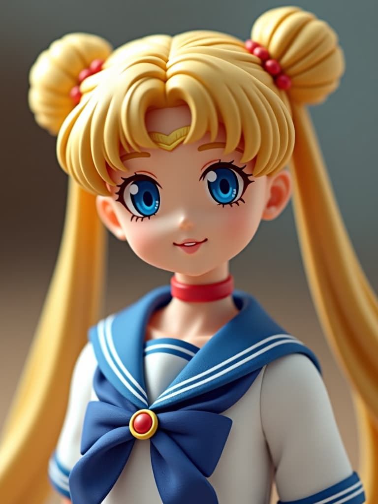  best quality, masterpiece,1 girl, sailor moon girl blonde with two buns of hair long ponytails, with blue eyes in a blue japanese school uniform smiling charmingly in the style of 3d realism close up