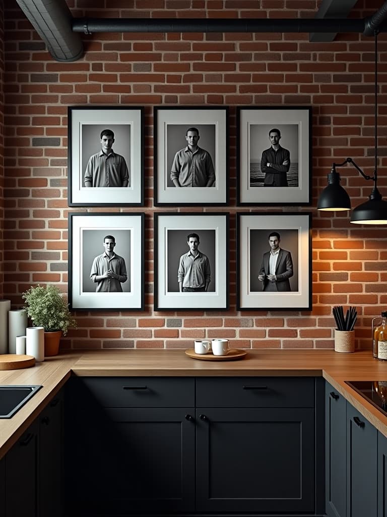  high quality portrait photo of an industrial style kitchen with exposed brick walls featuring a grid of black and white photography prints in matching frames, creating a cohesive and artistic display hyperrealistic, full body, detailed clothing, highly detailed, cinematic lighting, stunningly beautiful, intricate, sharp focus, f/1. 8, 85mm, (centered image composition), (professionally color graded), ((bright soft diffused light)), volumetric fog, trending on instagram, trending on tumblr, HDR 4K, 8K