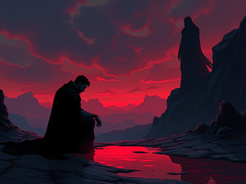  cain in dark red, kneeling beside a pool of blood, shadow of abel's figure in the background, twilight skies, aura of jealousy and regret. the style is digital art illustration / modern comic book / graphic dark novel fantasy and mysterious occult, symbolic, moody lighting, esoteric vibe,high detail on character design. for the color scheme emphasize blacks and reds.