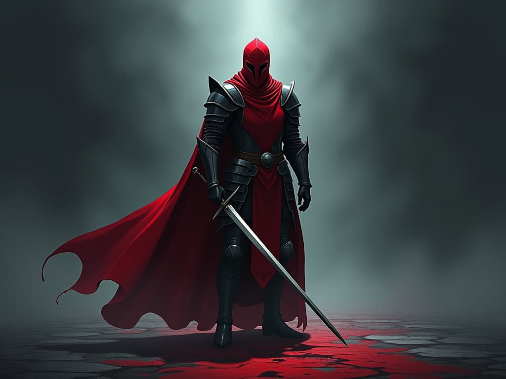  knight in red armor, standing strong, sword planted in ground, aura of responsibility and strength. the style is digital art illustration / modern comic book / graphic dark novel fantasy and mysterious occult, symbolic, moody lighting, esoteric vibe,high detail on character design. for the color scheme emphasize blacks and reds.