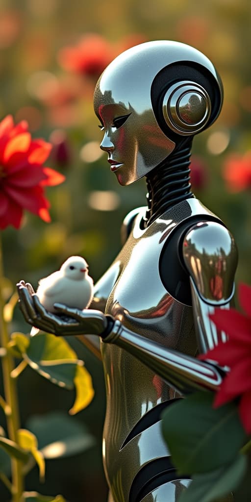  a metallic silver robot woman in the garden, holding a small white fluffy bird in her hand. there are black vines around with large shiny red flowers and green leaves. bright sunlight. glitter, shimmer, morning lighting. professional photo. professional lighting. close up, maximum detail, high definition, sharpen, hdr, 8k.