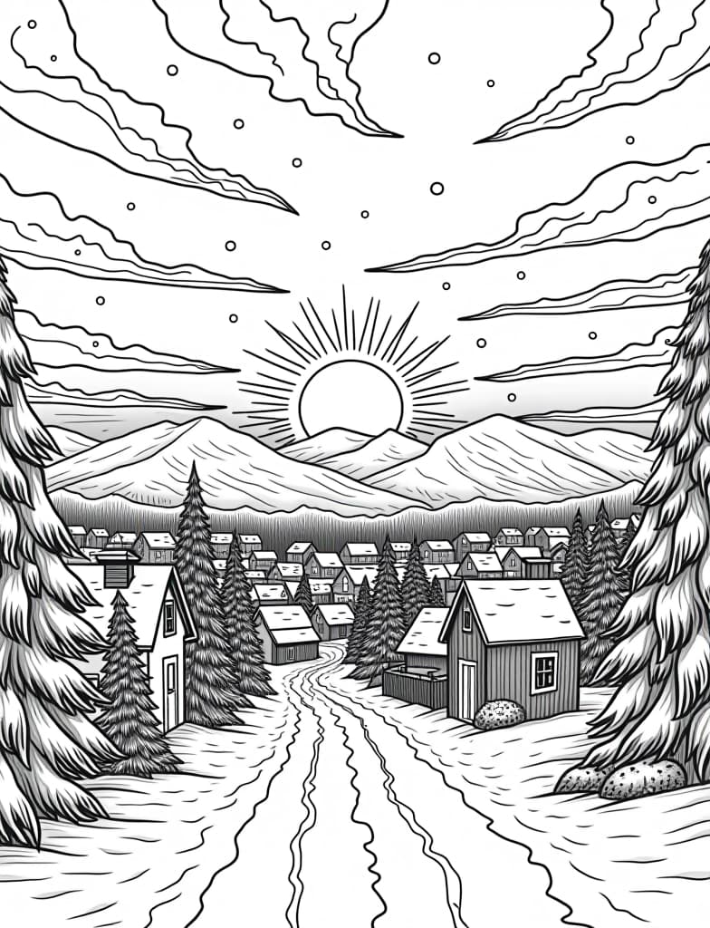  this is for an adult coloring page. a detailed black and white line art of a snowy winter sunrise over a snow covered town on a solid white background.