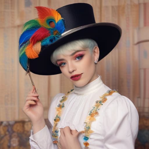 Rainbow twink man in lady wig makeup Cupid’s bow lipstick cowboy top hat and headdress tuxedo with spur whore Elizabethan collar wand parasol peacock dress in the Van Gogh style