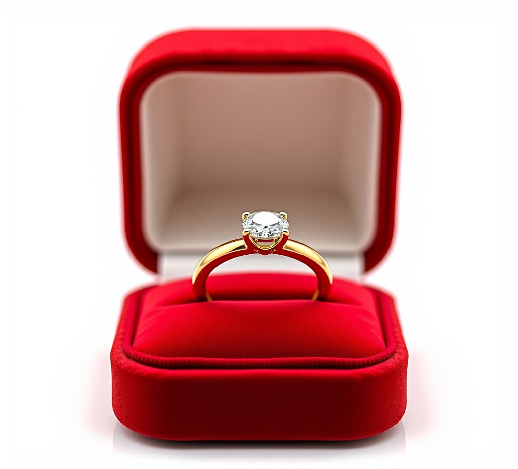  shiny gold ring with diamond in red velvet box, isolated on white background, ideal for engagement promotions