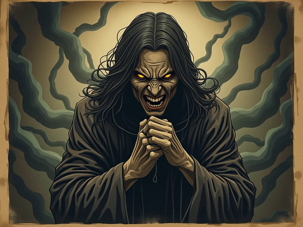  a figure with clenched fists, features twisted in rage, dark swirling shadows around, eyes burning with fierce intensity, electrifying atmosphere. an illustration in the style of a worn, mystical old tarot trump card, mysterious and elements of surrealism. the colors are muted, somber and eerie, but with contrast bring out an occult and esoteric vibe.