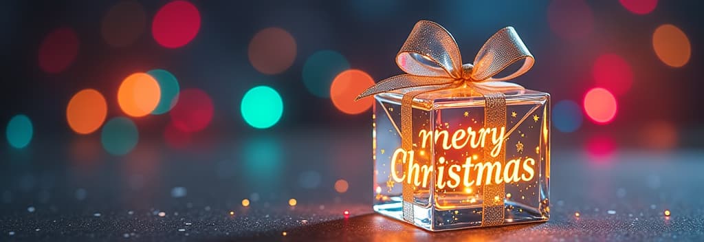  transparent glass christmas gift with glass bow, golden glowing text “merry christmas”, festive rainbow bokeh background ar 3:1 {prompt}, maximum details