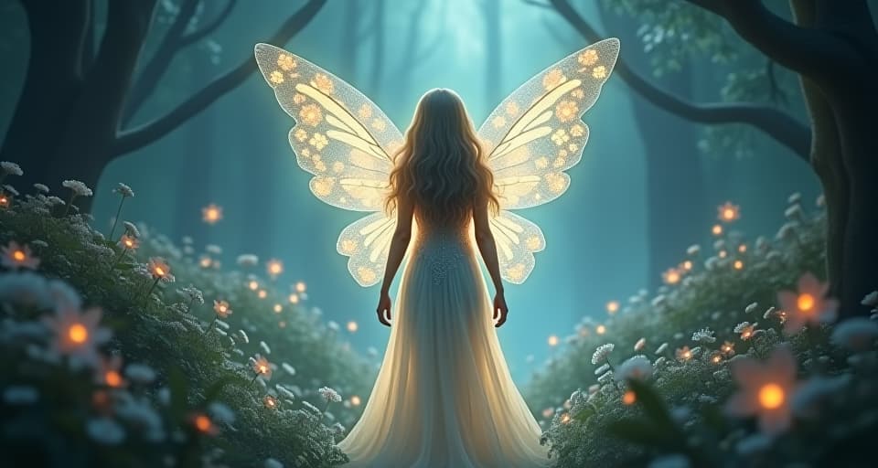  ethereal angel with glowing floral wings, standing in a mystical forest clearing filled with luminescent flowers and mystical creatures. her translucent gown glows softly.. the style is digital art illustration,highly detailed, whimsical,magical, dreamlike atmosphere, realism and fantasy blend, smooth, glossy textures,luminous quality, wonder and enchantment.