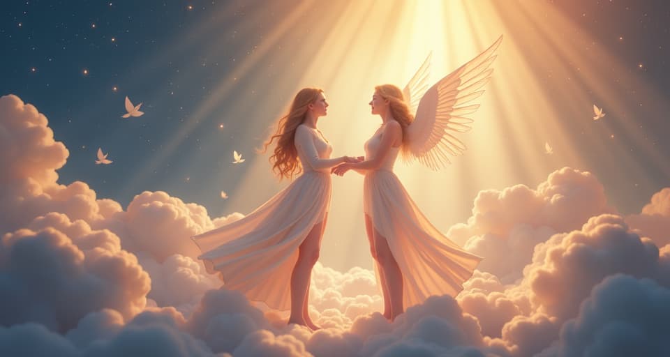  a scene depicting ethereal beings lifting each other higher amidst a backdrop of radiant light and subtle celestial glow. the environment is one of mutual elevation and support.. the style is digital art illustration,highly detailed, whimsical,magical, dreamlike atmosphere, realism and fantasy blend, smooth, glossy textures,luminous quality, wonder and enchantment.