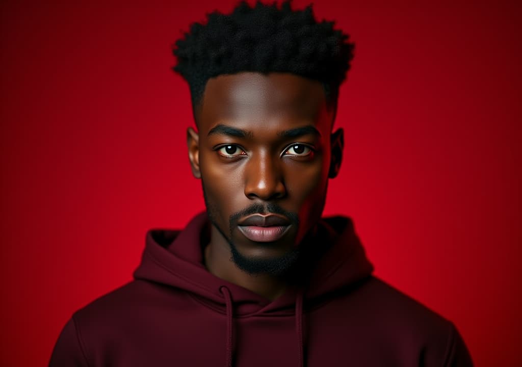  man portrait. stylish. handsome afro american man in dark red background looking to camera