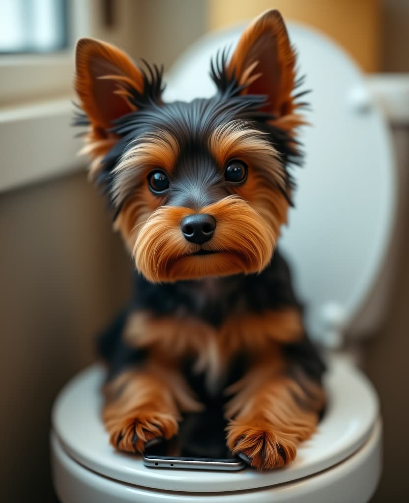  tilt shift photo of yorkshire terrier, with dark eyes, sitting on the toilet with a phone in his paws, 4k quality, realism . selective focus, miniature effect, blurred background, highly detailed, vibrant, perspective control hyperrealistic, full body, detailed clothing, highly detailed, cinematic lighting, stunningly beautiful, intricate, sharp focus, f/1. 8, 85mm, (centered image composition), (professionally color graded), ((bright soft diffused light)), volumetric fog, trending on instagram, trending on tumblr, HDR 4K, 8K