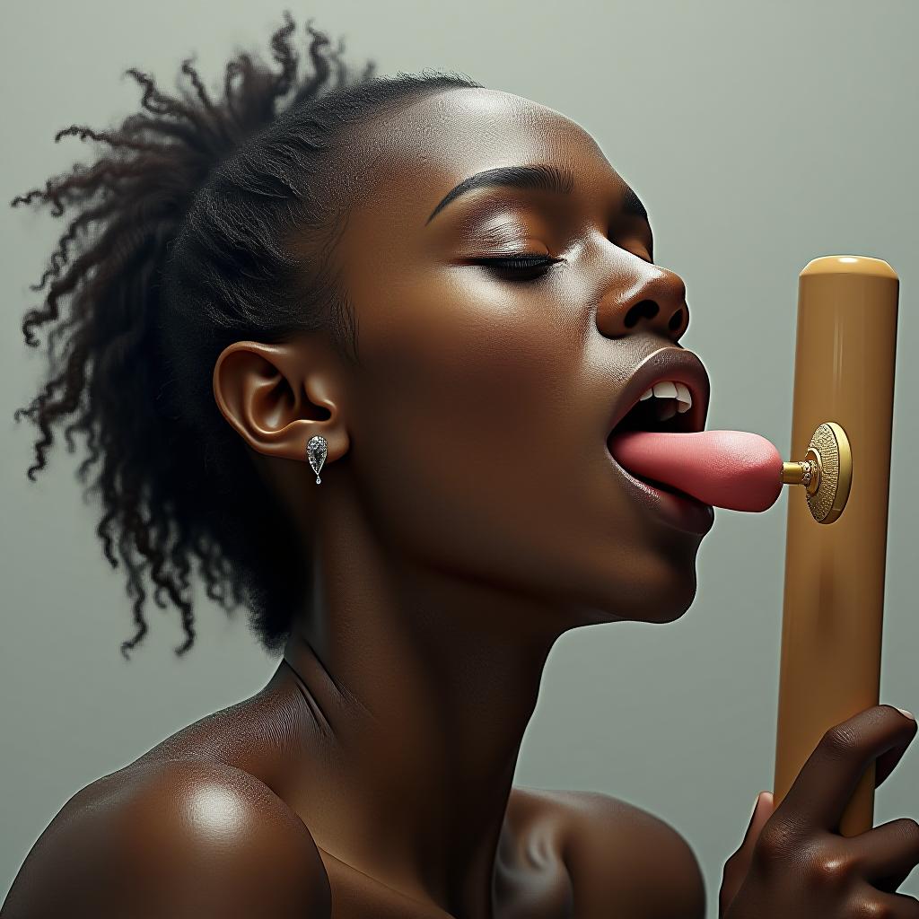  the most beautiful black woman possible sticking her large flat tongue fully out, covered in sweat, holding a tan colored cylinder with a mushroom at the end, award winning, professional, highly detailed, masterpiece