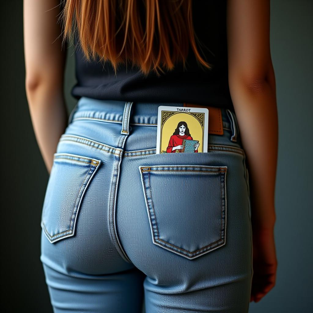  you are a professional photographer; take a photo of a tarot card sticking out from the back pocket of a pair of light blue jeans worn by a girl standing with her back to the camera, her head and hair not visible, only the silhouette.