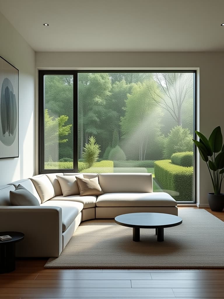  high quality portrait photo of a minimalist living room with a large window overlooking a lush garden, featuring a sleek white sofa, a few potted plants, and a statement piece of abstract art on the wall hyperrealistic, full body, detailed clothing, highly detailed, cinematic lighting, stunningly beautiful, intricate, sharp focus, f/1. 8, 85mm, (centered image composition), (professionally color graded), ((bright soft diffused light)), volumetric fog, trending on instagram, trending on tumblr, HDR 4K, 8K