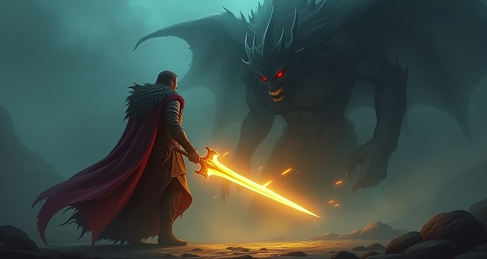  a determined, radiant warrior with a glowing sword, standing fearless before a dark, intimidating figure, confronting it head on in a mystical battleground.. the style is digital art illustration,highly detailed, whimsical,magical, dreamlike atmosphere, realism and fantasy blend, smooth, glossy textures,luminous quality, wonder and enchantment.