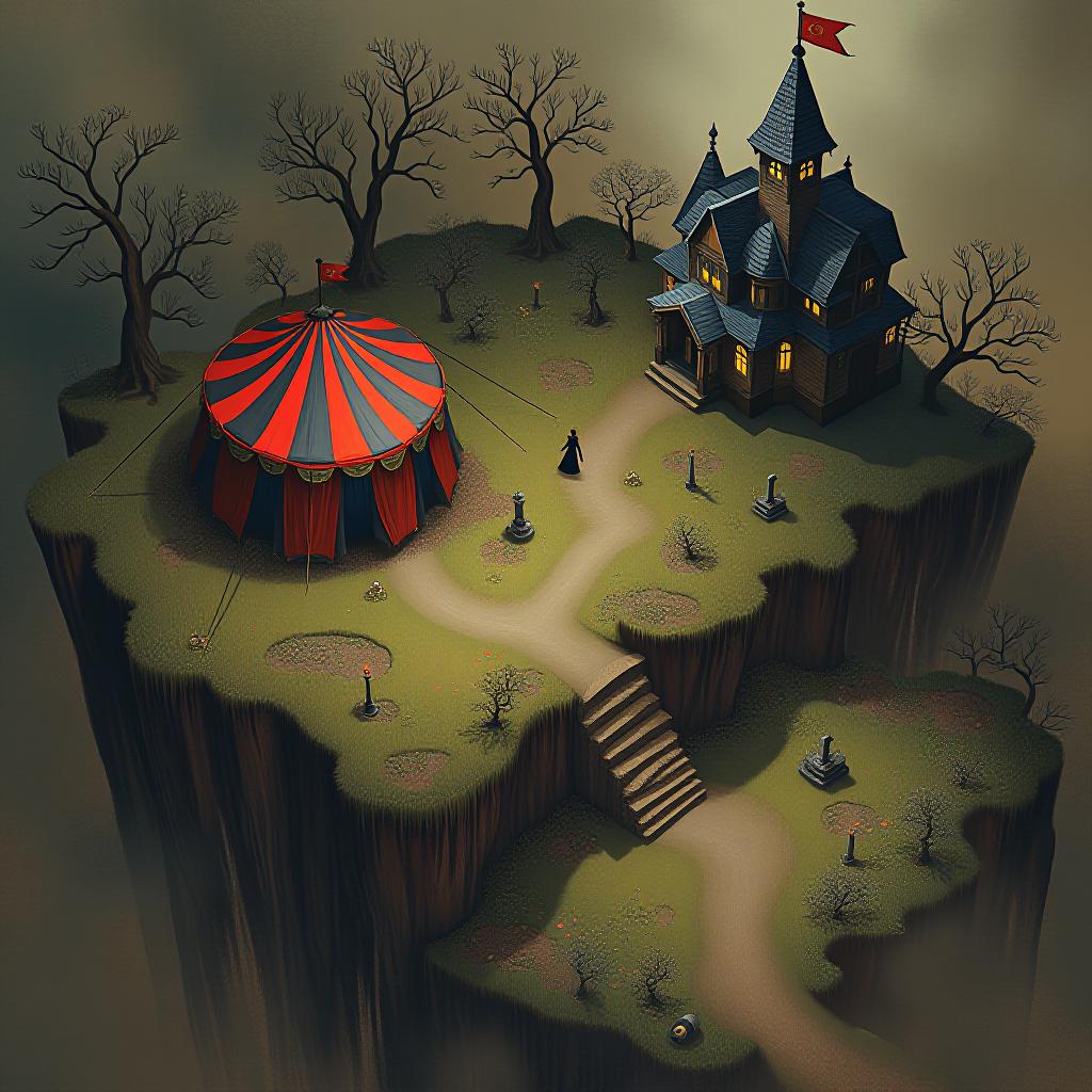  map of the area in the style of halloween, which depicts a tent of a vampire circus, a creepy house and a cemetery