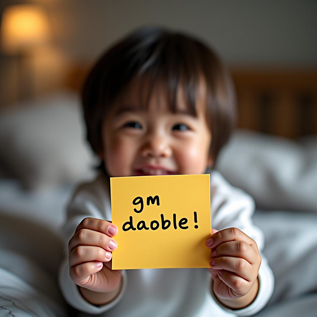  little kid just woke up. smiling. holding a sticky note with written phrase 'gm daoble!'