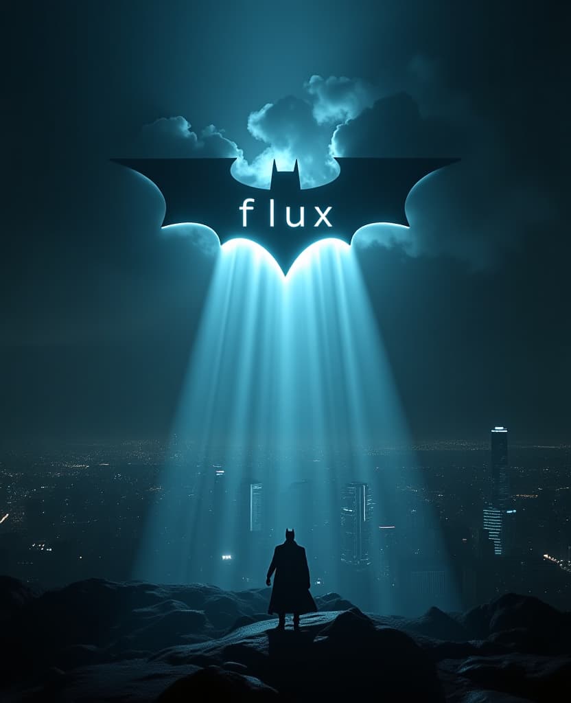  a hyper realistic, surreal night scene reminiscent of a batman movie, where a powerful spotlight beams up from the city's ground, cutting through the dark sky. the beam forms the word 'flux' in bold, glowing letters across the clouds, similar to the iconic bat signal. the city below is intricately detailed, with shadows and lights creating a dramatic, cinematic atmosphere. the scene captures the mystery and intensity of the moment, blending reality with a fantastical, heroic vibe."flux" in black surrounded by light, brightly lit city,text blends into surrounding materials, the text has 60% transparency effect and the edges of the font are uneven, hyperrealistic, full body, detailed clothing, highly detailed, cinematic lighting, stunningly beautiful, intricate, sharp focus, f/1. 8, 85mm, (centered image composition), (professionally color graded), ((bright soft diffused light)), volumetric fog, trending on instagram, trending on tumblr, HDR 4K, 8K