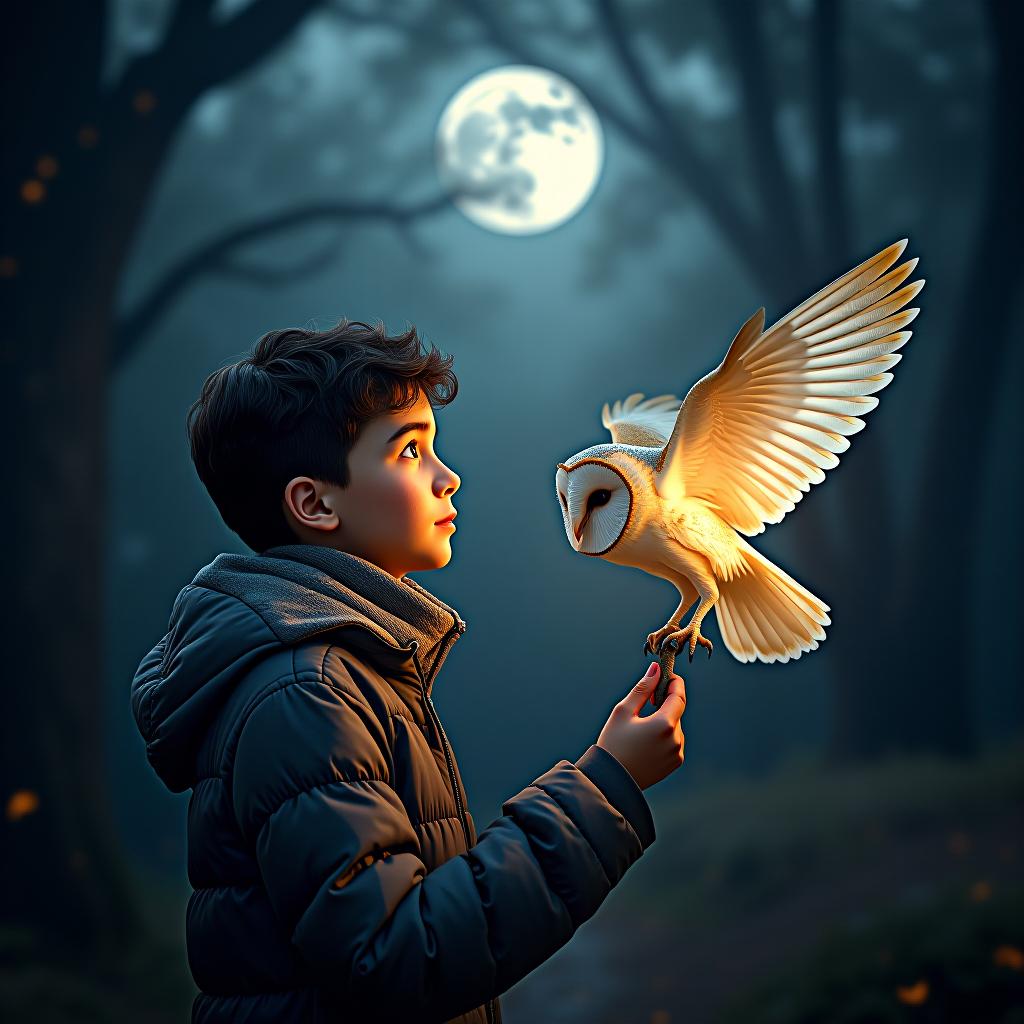  create a high quality, photorealistic image that vividly depicts the following scene: "a detailed snapshot of whimsy, the insomniac, moon infused barn owl. his perplexing gaze emanates from his radiant, vast eyes. his facial silhouette is sketched by tender, patterned feathers that subtly glisten under the eternal nocturnal sky, firmly clutching an eerie, illuminated plume. set against the backdrop of a mysterious, enchanting woodlands, the silhouettes of majestic trees pierced faintly by starlight through their leafage. an aspiring dream seeker, his eyes filled with anticipation and desire, hesitantly extends his hand towards the magical plume. captured in the surreal, unending glow of moonlight, captured via nikon d850, f/1.8, iso 25 hyperrealistic, full body, detailed clothing, highly detailed, cinematic lighting, stunningly beautiful, intricate, sharp focus, f/1. 8, 85mm, (centered image composition), (professionally color graded), ((bright soft diffused light)), volumetric fog, trending on instagram, trending on tumblr, HDR 4K, 8K