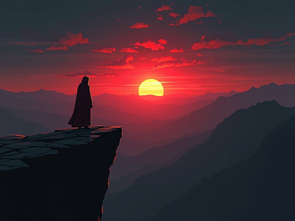  person in red robes standing at a cliff's edge, sunrise on the horizon, renewed sense of purpose and direction. the style is digital art illustration / modern comic book / graphic dark novel fantasy and mysterious occult, symbolic, moody lighting, esoteric vibe,high detail on character design. for the color scheme emphasize blacks and reds.