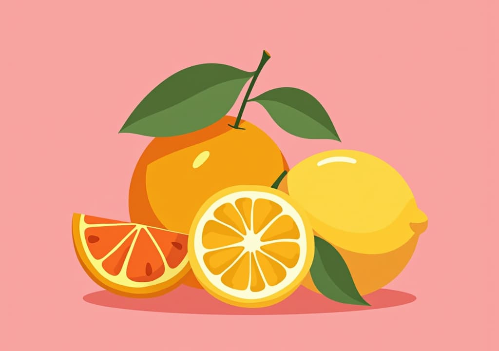  stylized vector art of citrus fruit on a pink background.