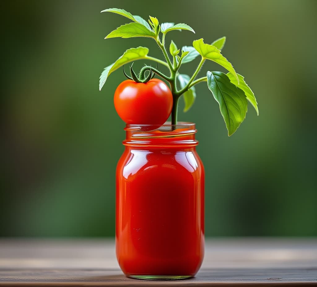  a red glass jar with a tomato plant, its ripe tomato and green leaves protruding from the jar's top