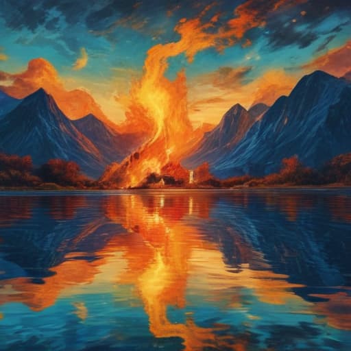 Fire above water in Van Gogh style with Mountains background