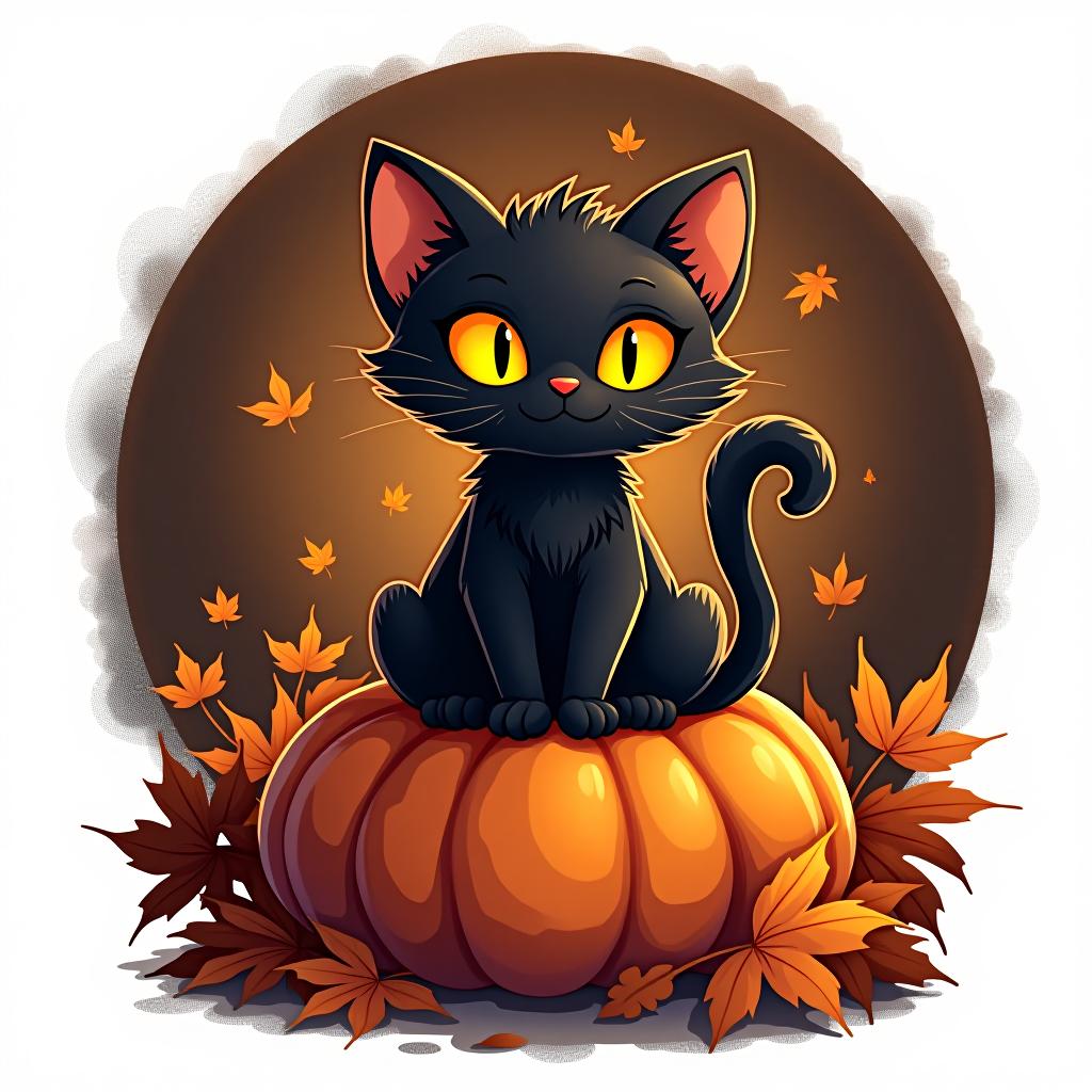  a cute black cat with glowing eyes sitting on a pumpkin, surrounded by swirling autumn leaves in a whimsical style, with warm, moody lighting. t shirt design, vector, contour, white background, no mockup hyperrealistic, full body, detailed clothing, highly detailed, cinematic lighting, stunningly beautiful, intricate, sharp focus, f/1. 8, 85mm, (centered image composition), (professionally color graded), ((bright soft diffused light)), volumetric fog, trending on instagram, trending on tumblr, HDR 4K, 8K