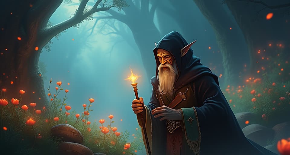  a cunning elf attempting to rekindle old tricks, holding a dark artifact. the serene surroundings, filled with glowing flora, remain unperturbed, symbolizing no reignition of dysfunction. glowing flora, calm atmosphere, old tricks.. the style is digital art illustration,highly detailed, whimsical,magical, dreamlike atmosphere, realism and fantasy blend, smooth, glossy textures,luminous quality, wonder and enchantment.