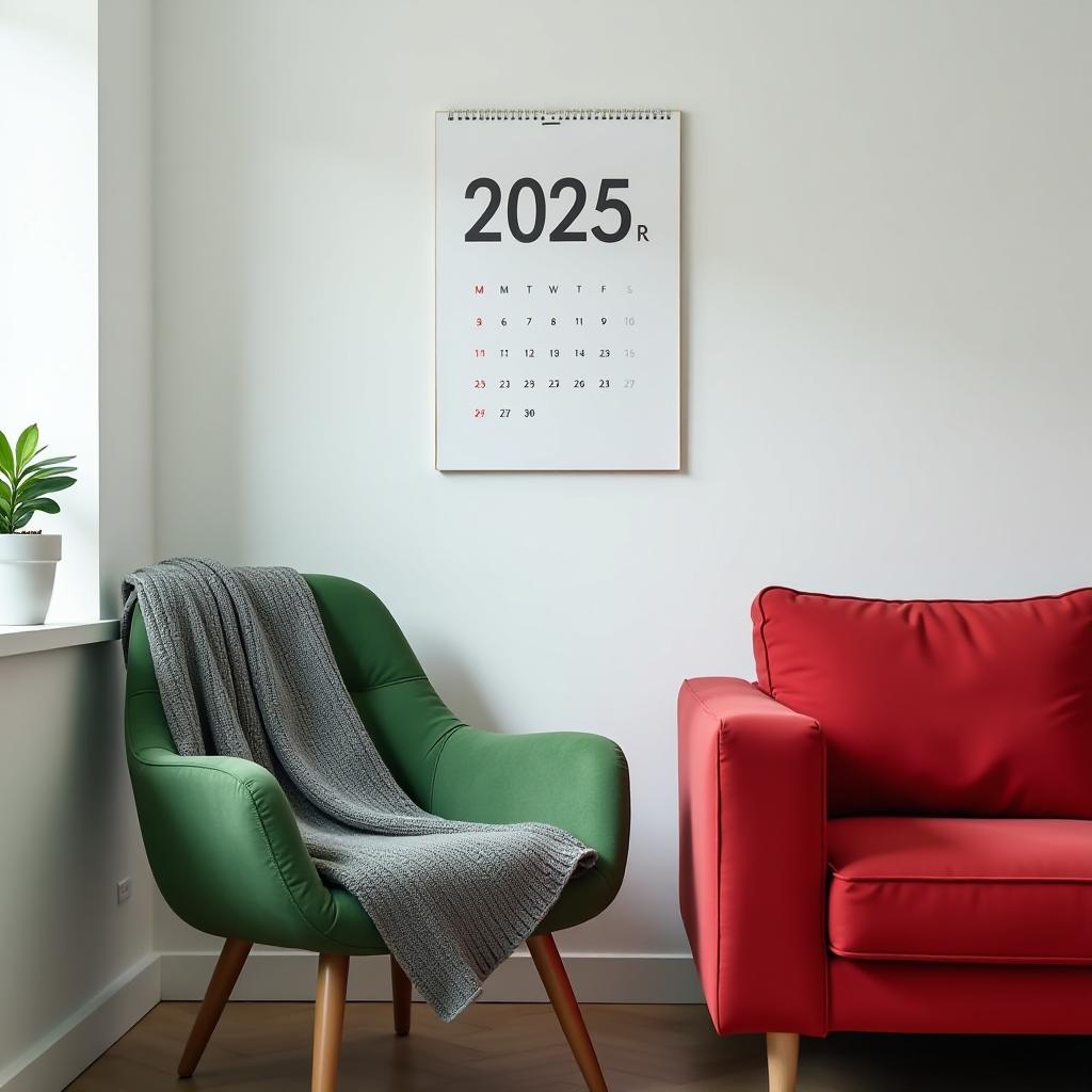  numbers "2025" on a calendar on a white wall in a psychologist's office green armchair with armrest gray knitted cozy blanket next to it red couch aspect ratio 3:2r {prompt}, maximum details